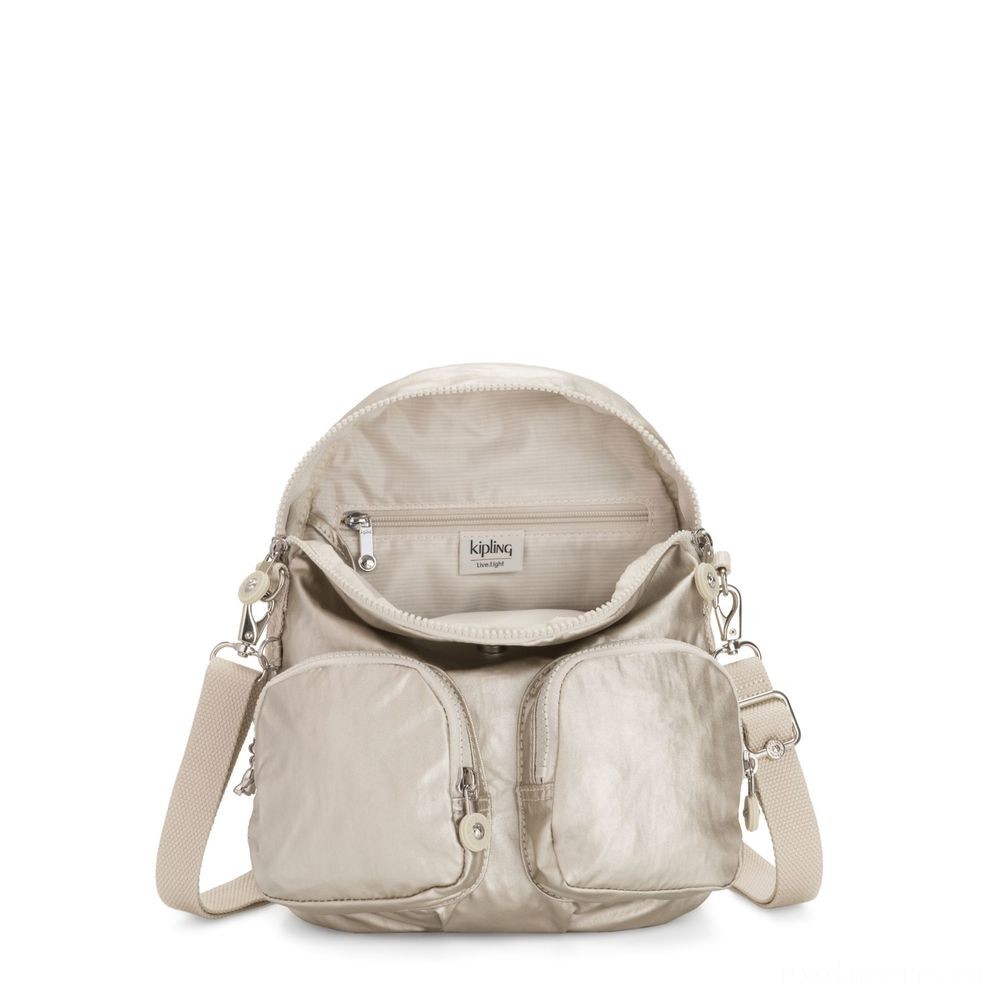 Kipling FIREFLY UP Tiny Backpack Covertible To Purse Cloud Metallic.