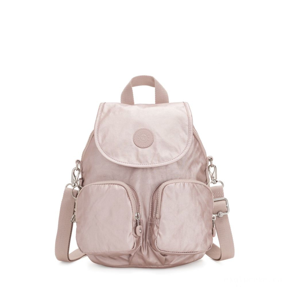 Kipling FIREFLY UP Tiny Backpack Covertible To Purse Metallic Rose.