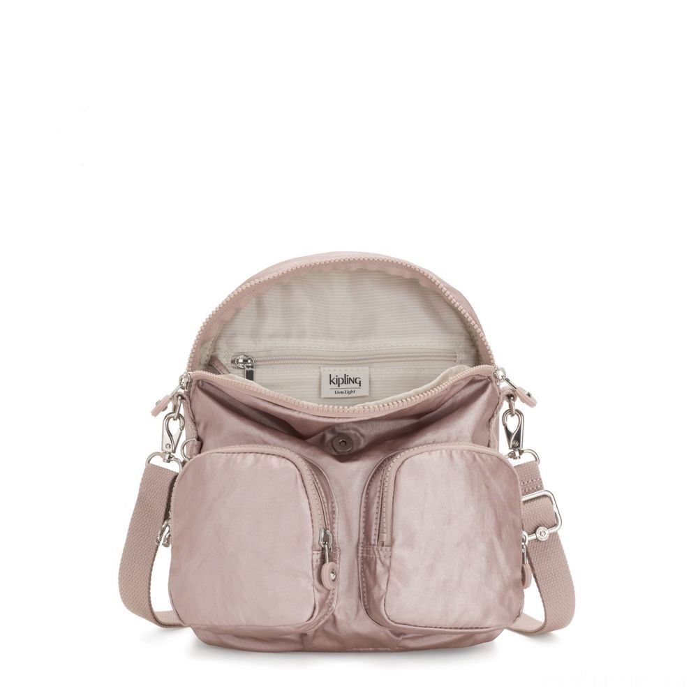 Kipling FIREFLY UP Small Backpack Covertible To Purse Metallic Rose.