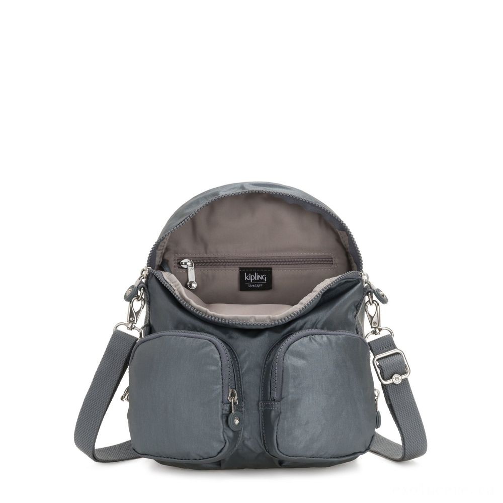Kipling FIREFLY UP Small Backpack Covertible To Purse Steel Grey Metallic.