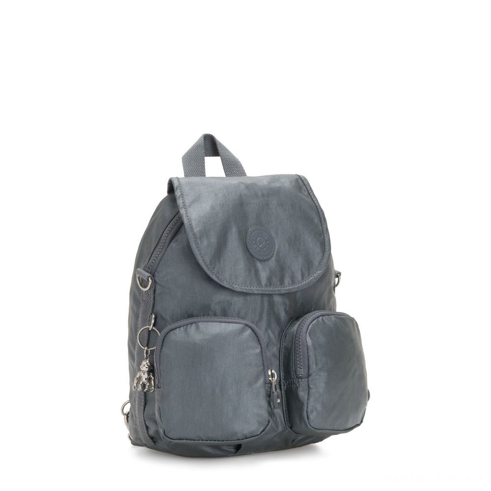 Kipling FIREFLY UP Small Backpack Covertible To Handbag Steel Grey Metallic.