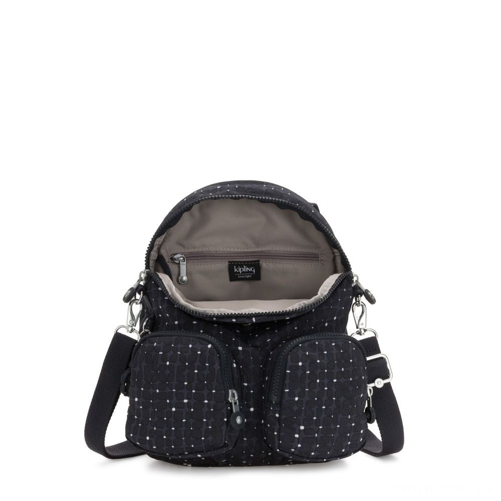 Kipling FIREFLY UP Tiny Backpack Covertible To Elbow Bag Tile Imprint.