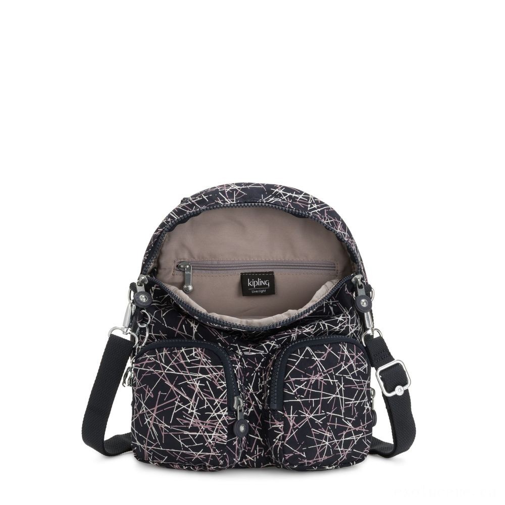Kipling FIREFLY UP Small Backpack Covertible To Purse Navy Stick Imprint