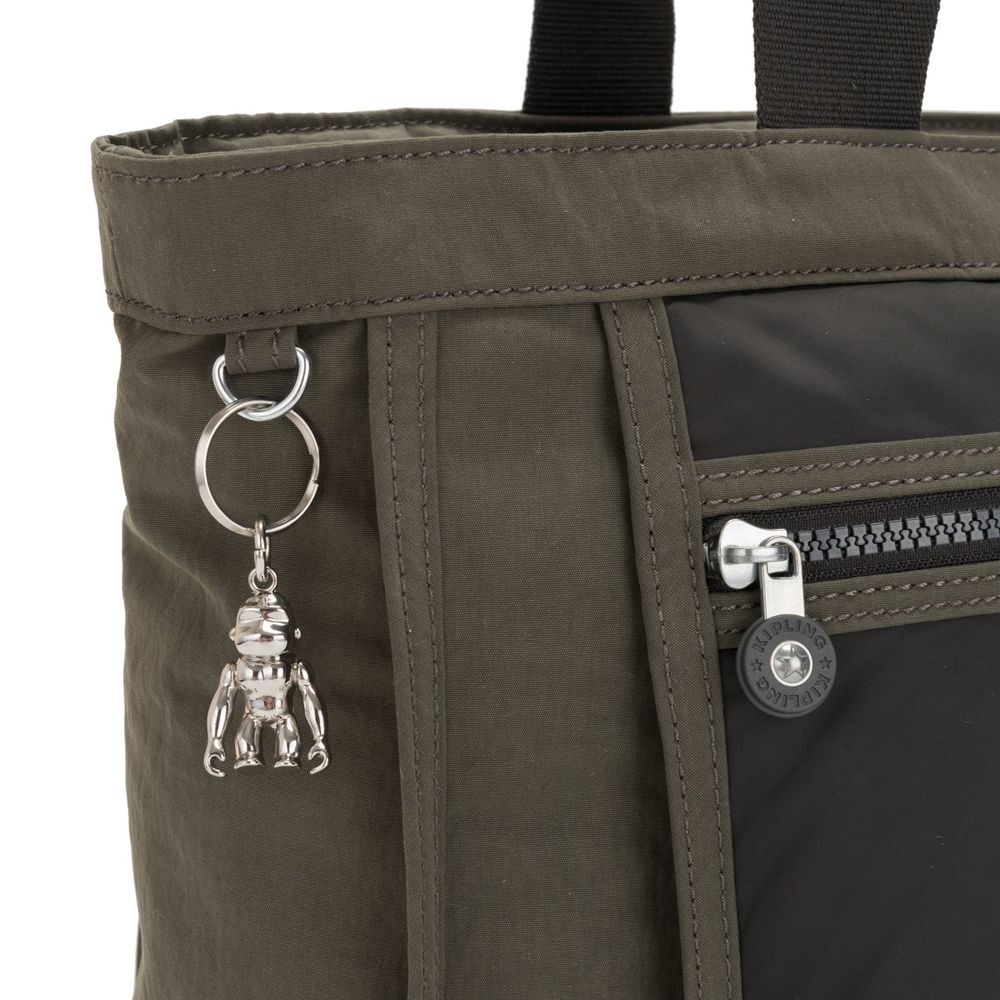 Kipling LEOTA Medium Shopping Bag with Big Front Pocket Cold Black Olive.