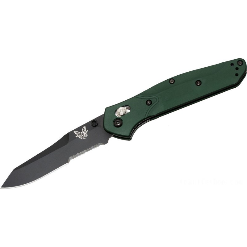 Benchmade Osborne Folding Knife 3.4 S30V Black Combination Blade, Green Aluminum Handles - 940SBK