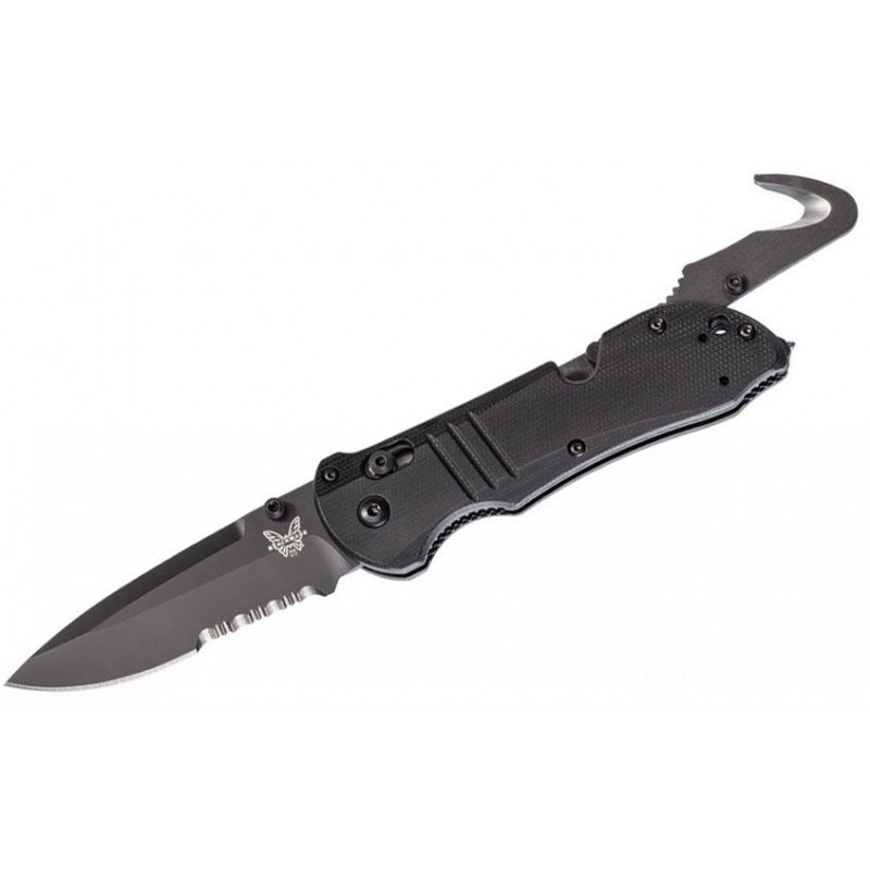 Benchmade Tactical Triage Saving Folding Blade 3.48 S30V Dark Combination Blade, Black G10 Manages, Safety And Security Cutter, Glass Buster - 917SBK