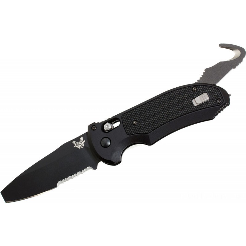 Benchmade Automotive Center Triage Saving Folding Knife 3.35 Black Combo Blade, Light Weight Aluminum with Black G10 Inlays - 9160SBK