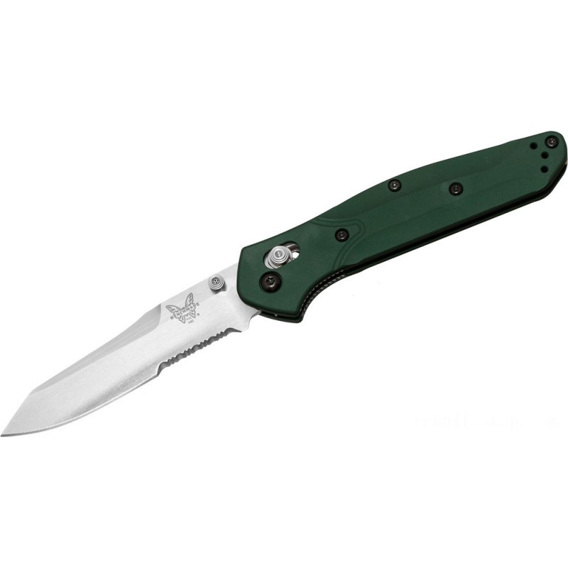 Benchmade 940S Osborne Folding Knife 3.4 S30V Satin Combination Blade, Green Aluminum Handles