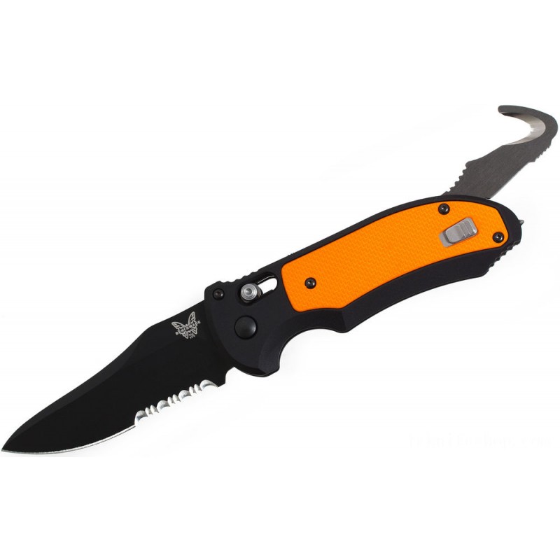 Benchmade Automotive Center Triage Rescue Folder 3.58 Black Combo Cutter, Light Weight Aluminum along with Orange G10 Inlays - 9170SBK-ORG