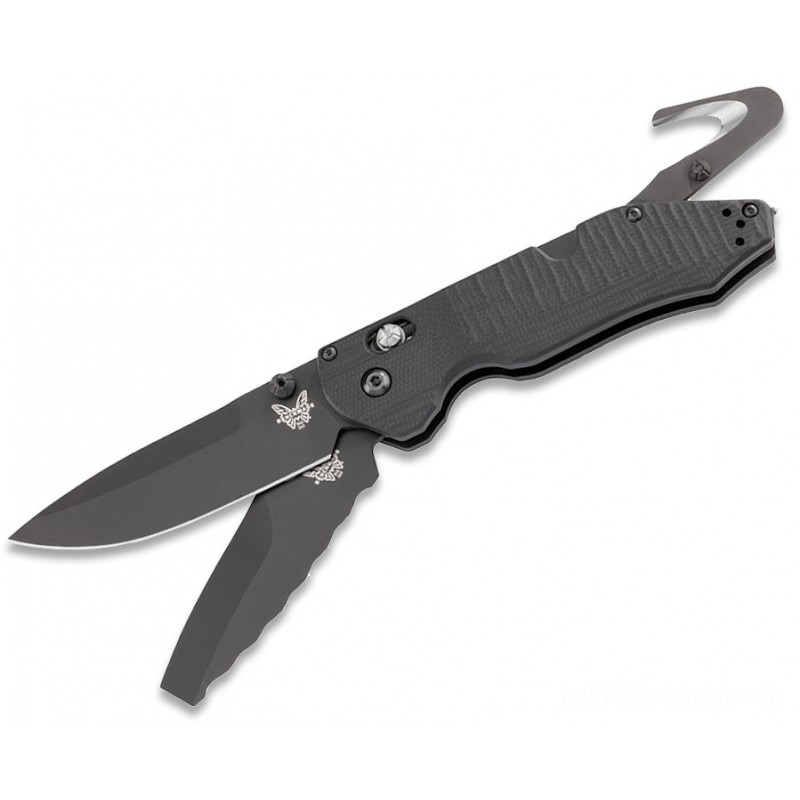 Benchmade Outlast Two-Blade Rescue Foldable Blade 3.59 Black Cerakoted Level as well as Serrated Blade, Black G10 Handles, Integrated Rescue Hook - 365BK