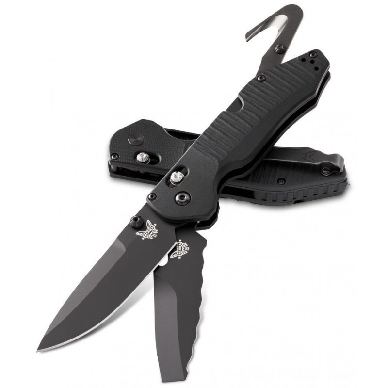 Benchmade Outlast Two-Blade Rescue Folding Blade 3.59 Black Cerakoted Level and Serrated Blade, Black G10 Handles, Integrated Rescue Hook - 365BK