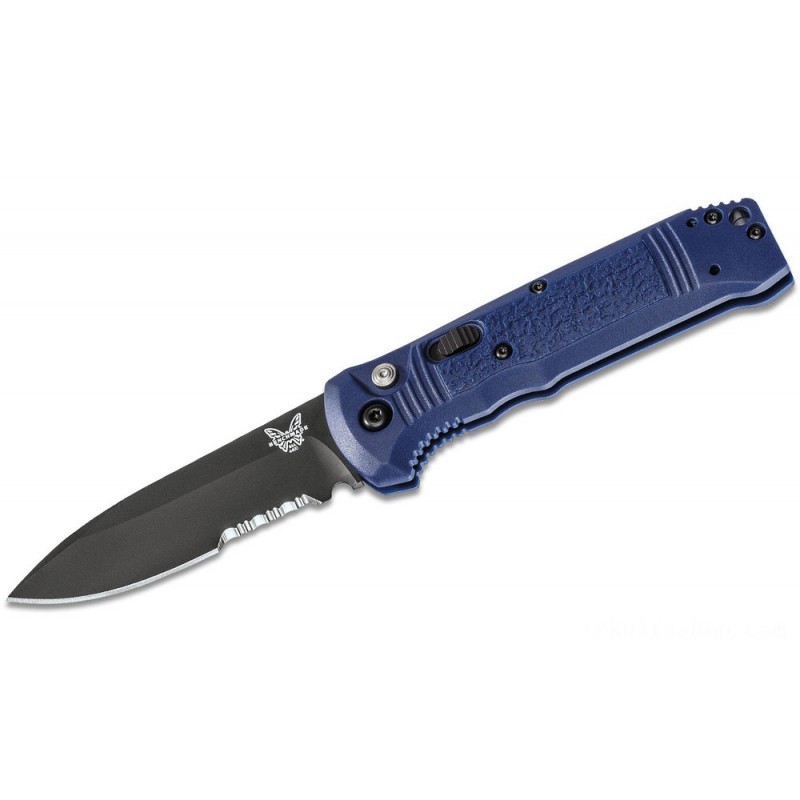 Benchmade 4400SBK-1 Casbah AUTO Folding Blade 3.4 Black S30V Drop Aspect Combo Blade, Blue Textured Grivory Takes Care Of