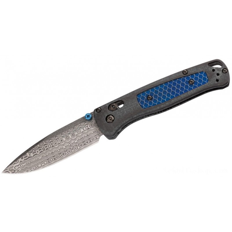 Benchmade Gold Training Class Bugout Center Foldable Knife 3.24 Munin Damasteel Blade, Ghost Carbon Thread Handles with Blue C-Tek Inalys - 535-191