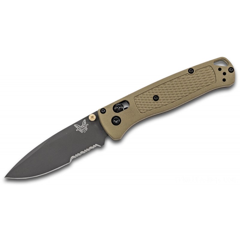 Benchmade Bugout Center Collapsable Knife 3.24 S30V Smoked Gray Combination Cutter, Ranger Green Grivory Takes Care Of - 535SGRY-1