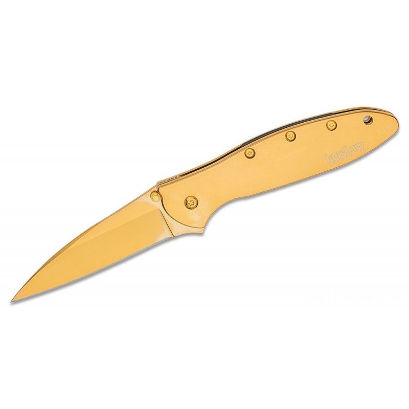 Kershaw 1660GLD Ken Onion Leek Assisted Fin Blade 3 Plain Cutter, 24K Gold Plated, Stainless Steel Handles