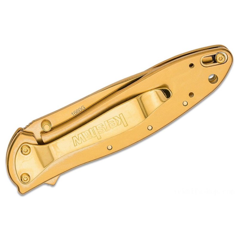 Kershaw 1660GLD Ken Onion Leek Assisted Flipper Knife 3 Plain Blade, 24K Gold Plated, Stainless Steel Handles