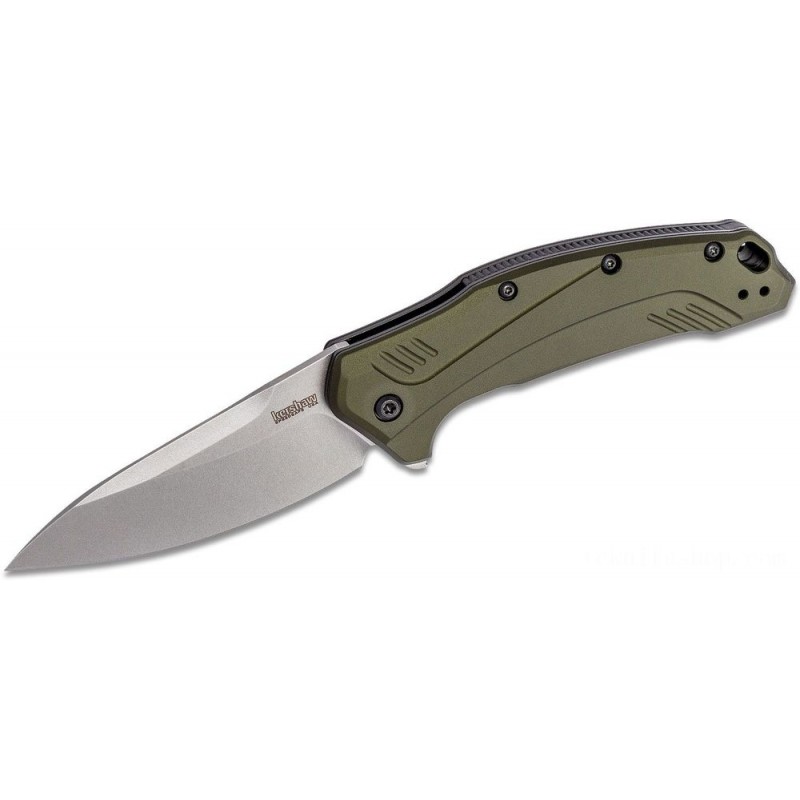Kershaw 1776OLSW Hyperlink Assisted Fin Blade 3.25 CPM-20CV Stonewashed Level Cutter, Olive Aluminum Handles