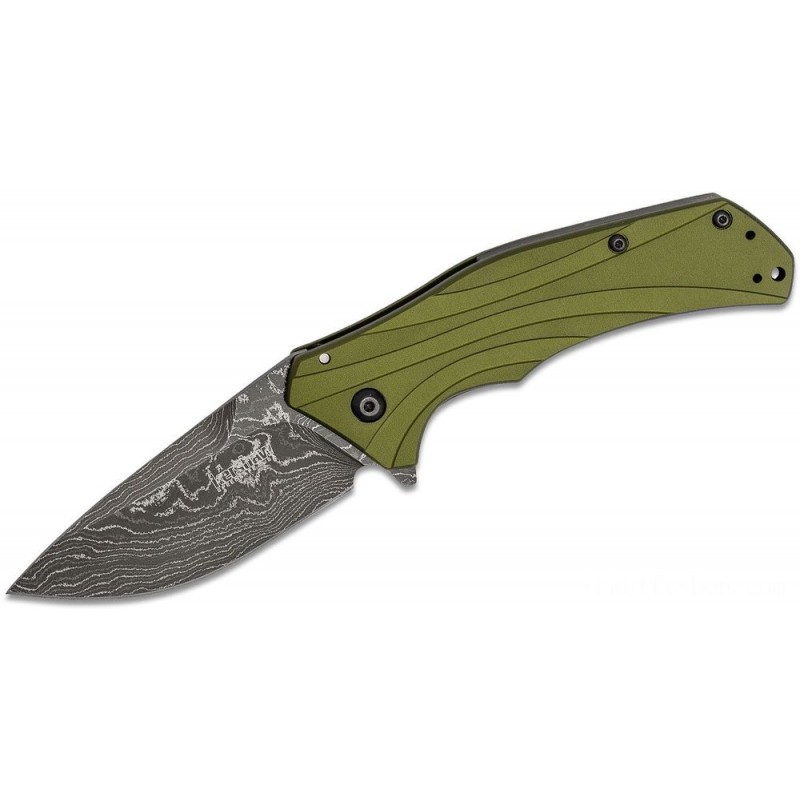 Kershaw 1870OLDAM Knockout Assisted Fin Blade 3.25 Damascus Blade, Olive Drab Aluminum Takes Care Of