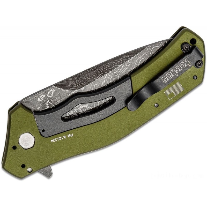 Kershaw 1870OLDAM Knockout Blow Assisted Fin Blade 3.25 Damascus Blade, Olive Drab Aluminum Handles