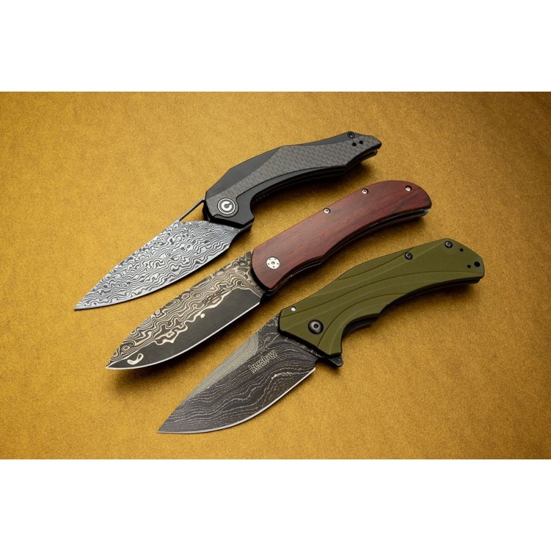 Kershaw 1870OLDAM Knockout Blow Assisted Fin Blade 3.25 Damascus Blade, Olive Drab Aluminum Handles