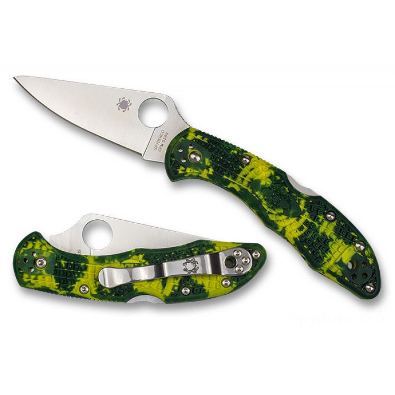 Spyderco Delica 4 FRN Yellow/Green Zome Exclusive - Blend Edge/Plain Side.