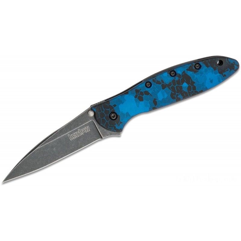Kershaw 1660DBLU Ken Onion Leek Assisted Flipper Knife 3 Blackwashed Ordinary Blade, Digital Blue Aluminum Handles