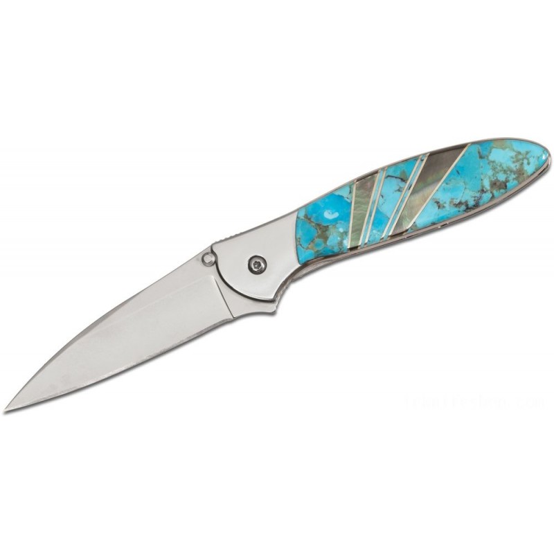 Kershaw 1660JS66P Ken Onion Leek through Santa Clam Fe Stoneworks Assisted Fin Knife 3 Level Cutter, Stainless Steel Deals With, Blue-green and Mother of Gem Onlays