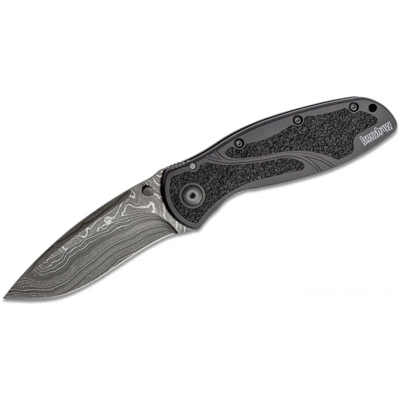 Kershaw 1670BLKDAM Ken Onion Blur Assisted Folding Knife 3.4 Damascus Cutter, Black Aluminum Handles w/ Trac-Tec Inserts
