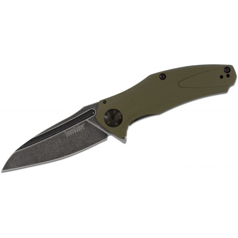 Kershaw 7007OLBW Natrix Assisted Fin Knife 3.25 Black Stonewashed Drop Factor Blade, Olive G10 Manages