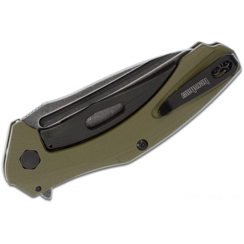 Kershaw 7007OLBW Natrix Assisted Flipper Blade 3.25  Stonewashed Drop Point Blade, Olive G10 Manages