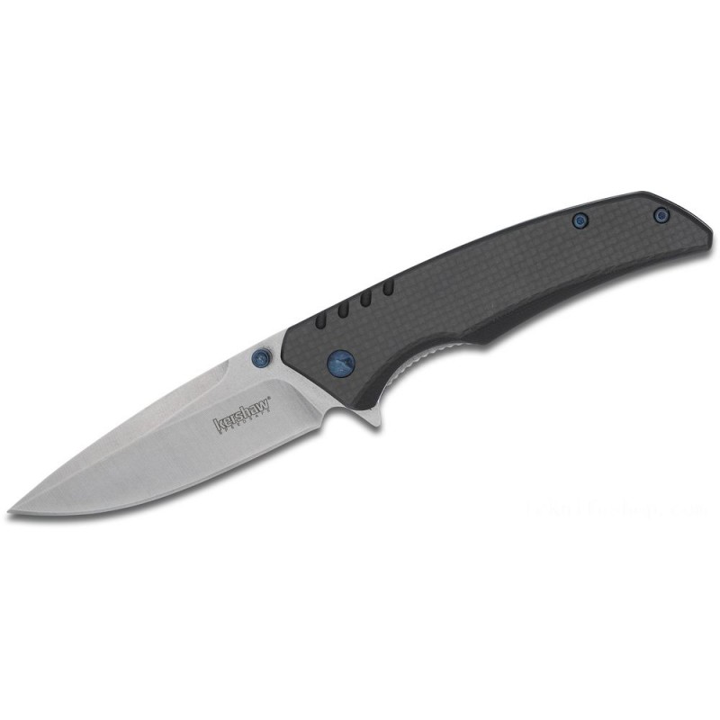 Kershaw 1336 Halogen Assisted Flipper Knife 3.25 Stonewashed Plain Cutter, Carbon Fiber Over G10 Handles