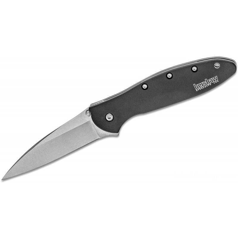 Kershaw 1660SWBLK Ken Red Onion Leek Assisted Fin Knife 3 Stonewashed Plain Blade, Black Light Weight Aluminum Deals With