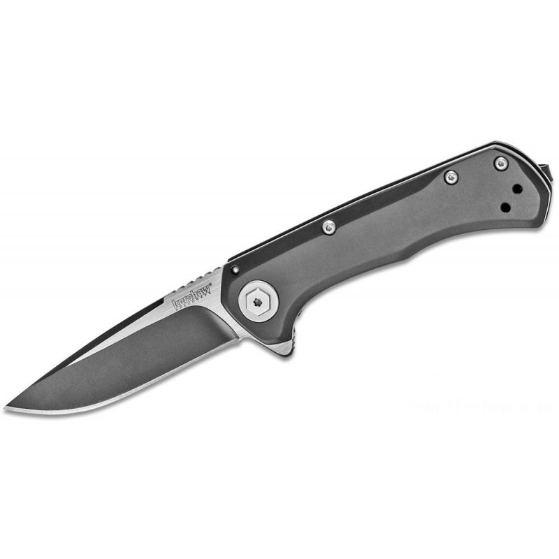 Kershaw 1955 Outset Assisted Fin 3 Two-Tone Drop Aspect Cutter, Black Steel Takes Care Of