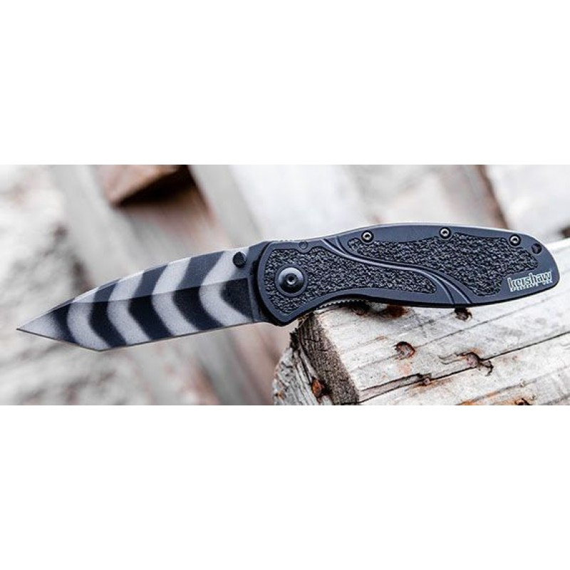 Summer Sale - Kershaw 1670TTS Ken Onion Blur Assisted Foldable Knife 3.4 BDZ1 Leopard Red Stripe Level Tanto Cutter, Black Aluminum Handles - Anniversary Sale-A-Bration:£53