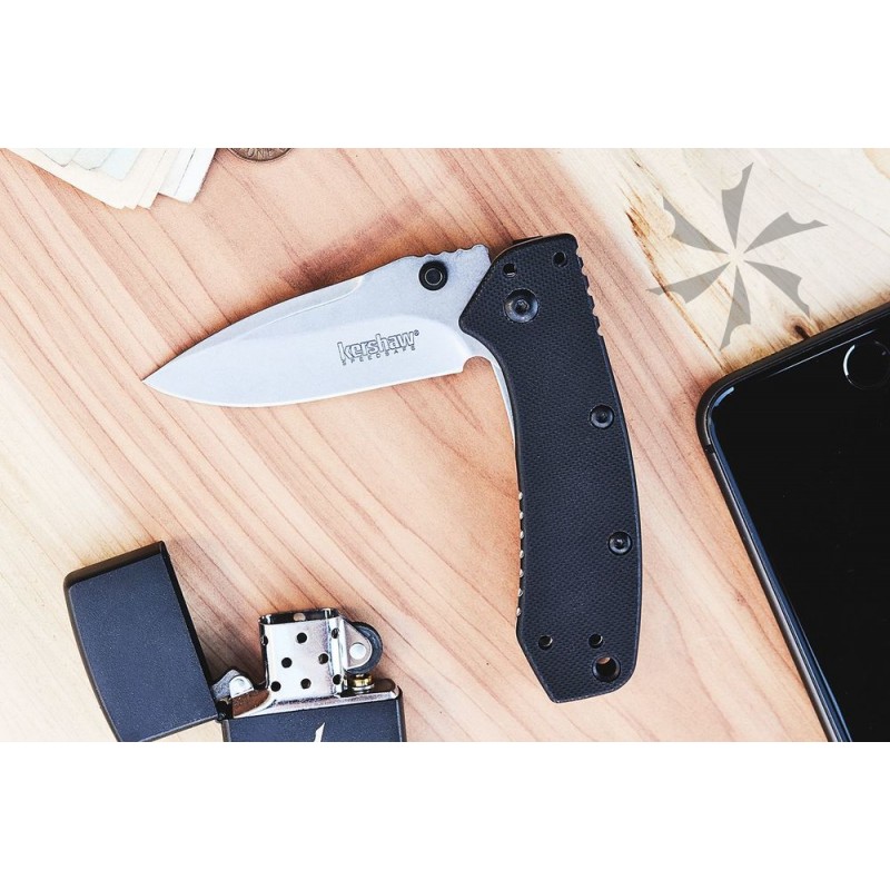 Kershaw 1555G10 Cryo Assisted Flipper Knife 2.75 Plain Stonewash Blade, G10 and Stainless Steel Deals With
