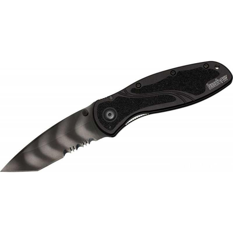 Kershaw 1670TTSST Ken Onion Blur Assisted Foldable Blade 3-3/8 Leopard Stripe Tanto Combo Blade, Black Aluminum Deals With