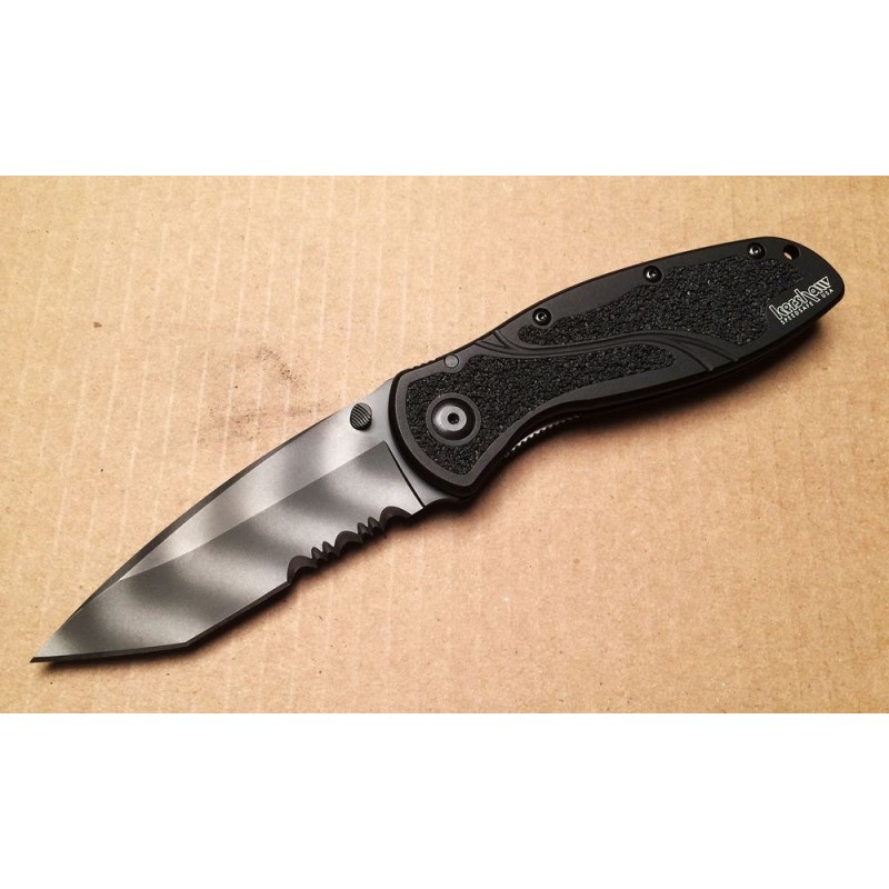Kershaw 1670TTSST Ken Red Onion Blur Assisted Collapsable Blade 3-3/8 Leopard Red Stripe Tanto Combination Cutter, Black Light Weight Aluminum Manages