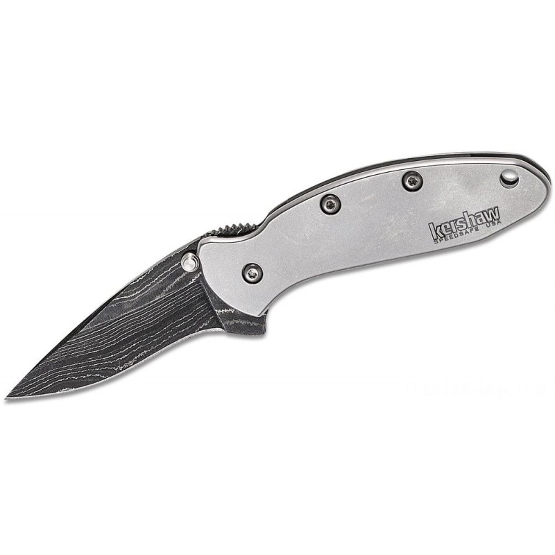 Kershaw 1600DAM Ken Red Onion Chive Assisted Fin Knife 1.9 Damascus Plain Blade, Bead Burst Stainless-steel Deals With