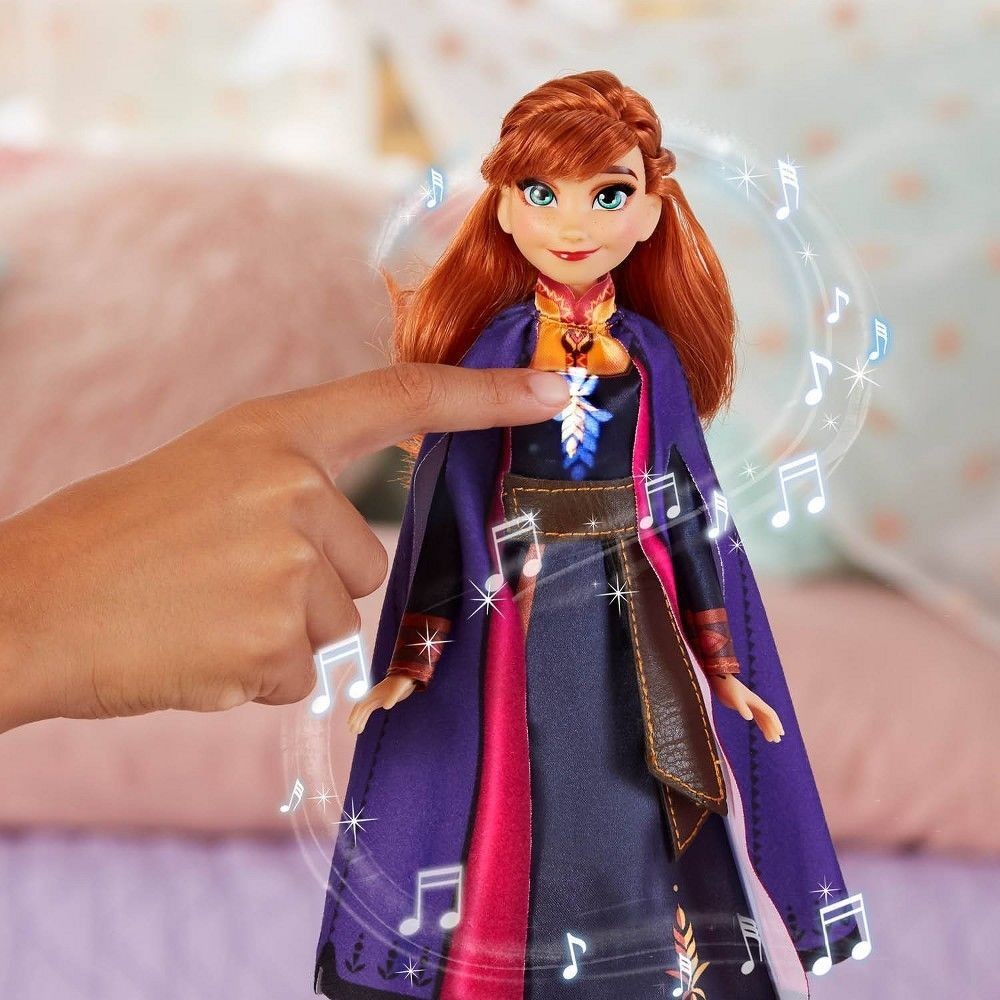 Disney Frozen 2 Singing Anna Fashion Trend Figure along with Music Putting On a Violet Gown