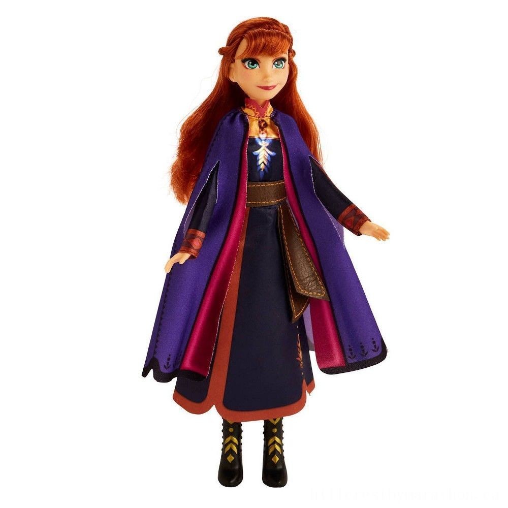 Disney Frozen 2 Singing Anna Manner Dolly along with Music Wearing a Purple Gown