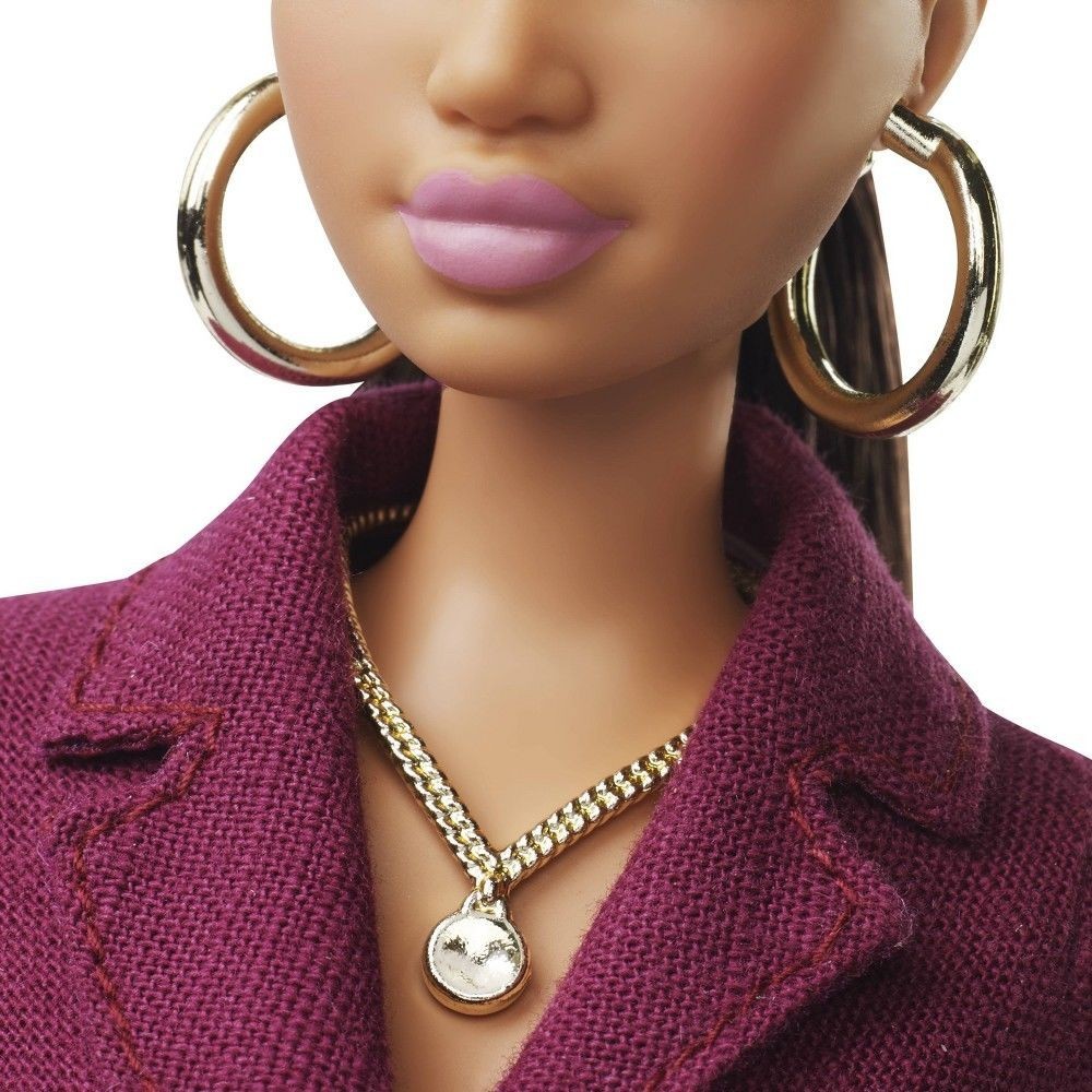Barbie Signature Styled By Chriselle Lim Debt Collector Dolly in Burgundy Trench Dress