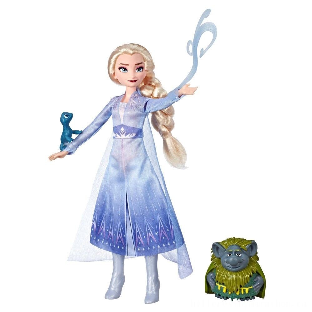 Disney Frozen 2 Elsa Manner Dolly In Traveling Outfit Along With Pabbie and also Salamander Numbers