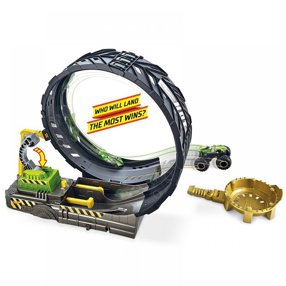 Scorching Wheels Monster Trucks Impressive Loop Problem Play Set along with Truck and also Car