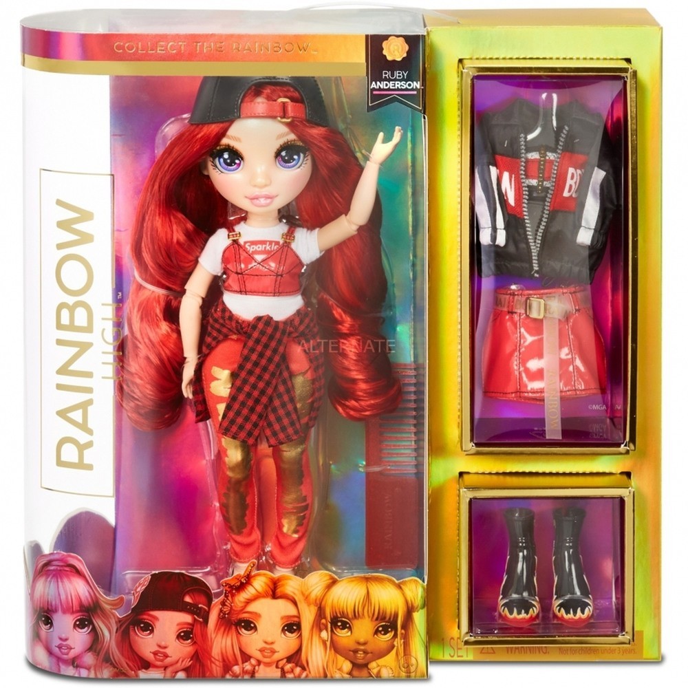 Rainbow High Dark Red Anderson-- Red Fashion Dolly along with 2 Clothing