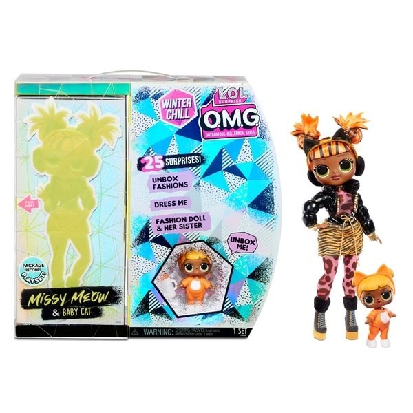 L.O.L. Surprise! O.M.G. Wintertime Coldness Missy Meow & Infant Feline Dolly with 25 Surprises
