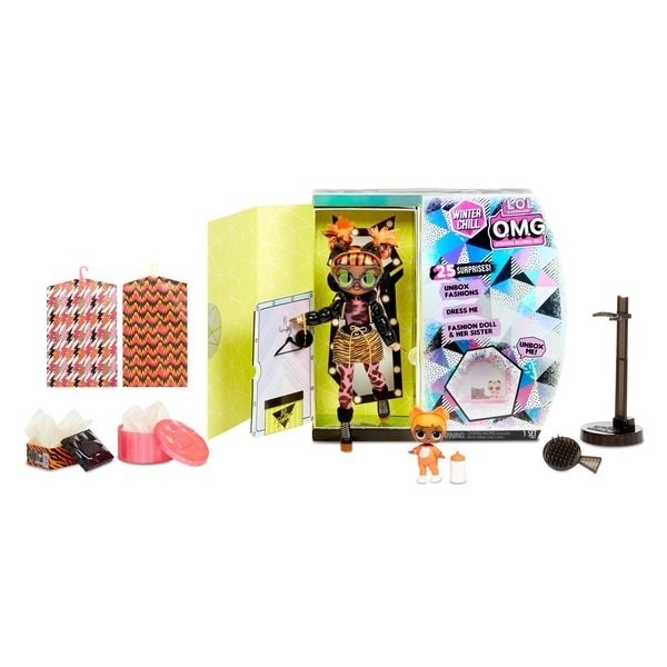 L.O.L. Surprise! O.M.G. Wintertime Cool Missy Meow & Infant Cat Dolly along with 25 Shocks
