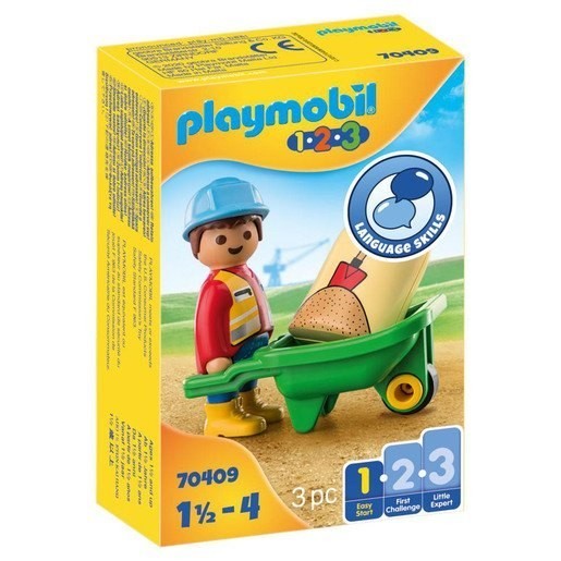 Playmobil 70409 1.2.3 Building Laborer along with Cart Playset