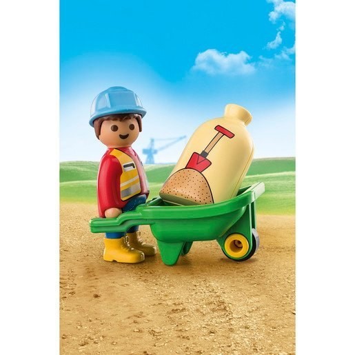 Playmobil 70409 1.2.3 Building And Construction Employee along with Cart Playset