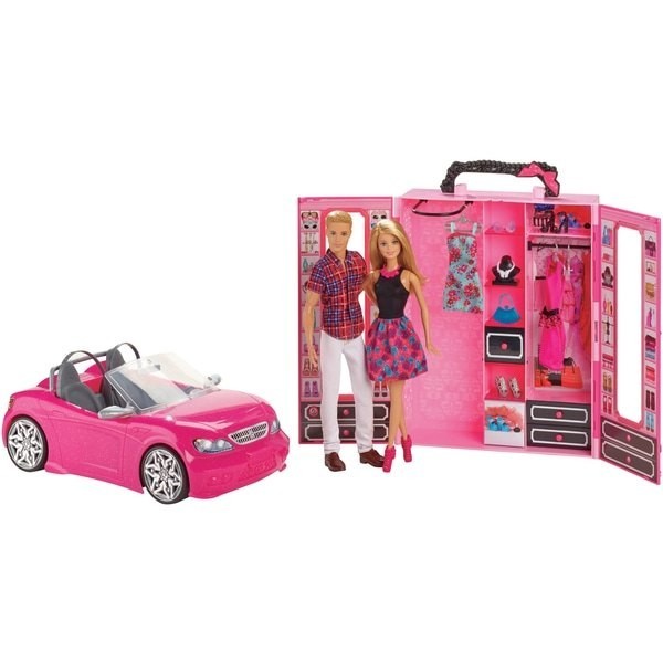 Barbie Spruce Up and also Go Wardrobe as well as Convertible Auto with 2 Toys