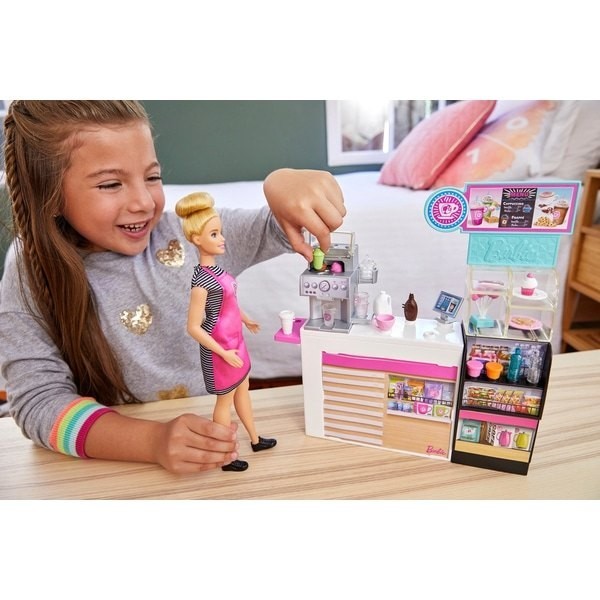 February Love Sale - Barbie Coffee Bar Playset with Figure - Winter Wonderland Weekend Windfall:£33